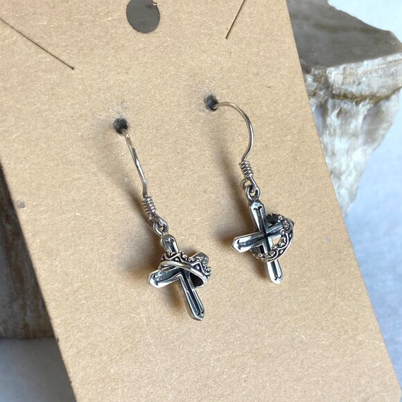 Sterling Silver 925 Petite Dainty Cross & Crown Dangle Drop Earrings - Picture 5 of 16